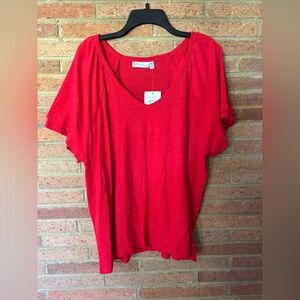 New Rafaella Knit V-Neck Ruffled Short Sleeve Blouse Top Red Size XXL